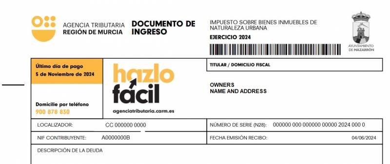 IBI Invoices for 2024 now available for properties Mazarron municipality including Camposol